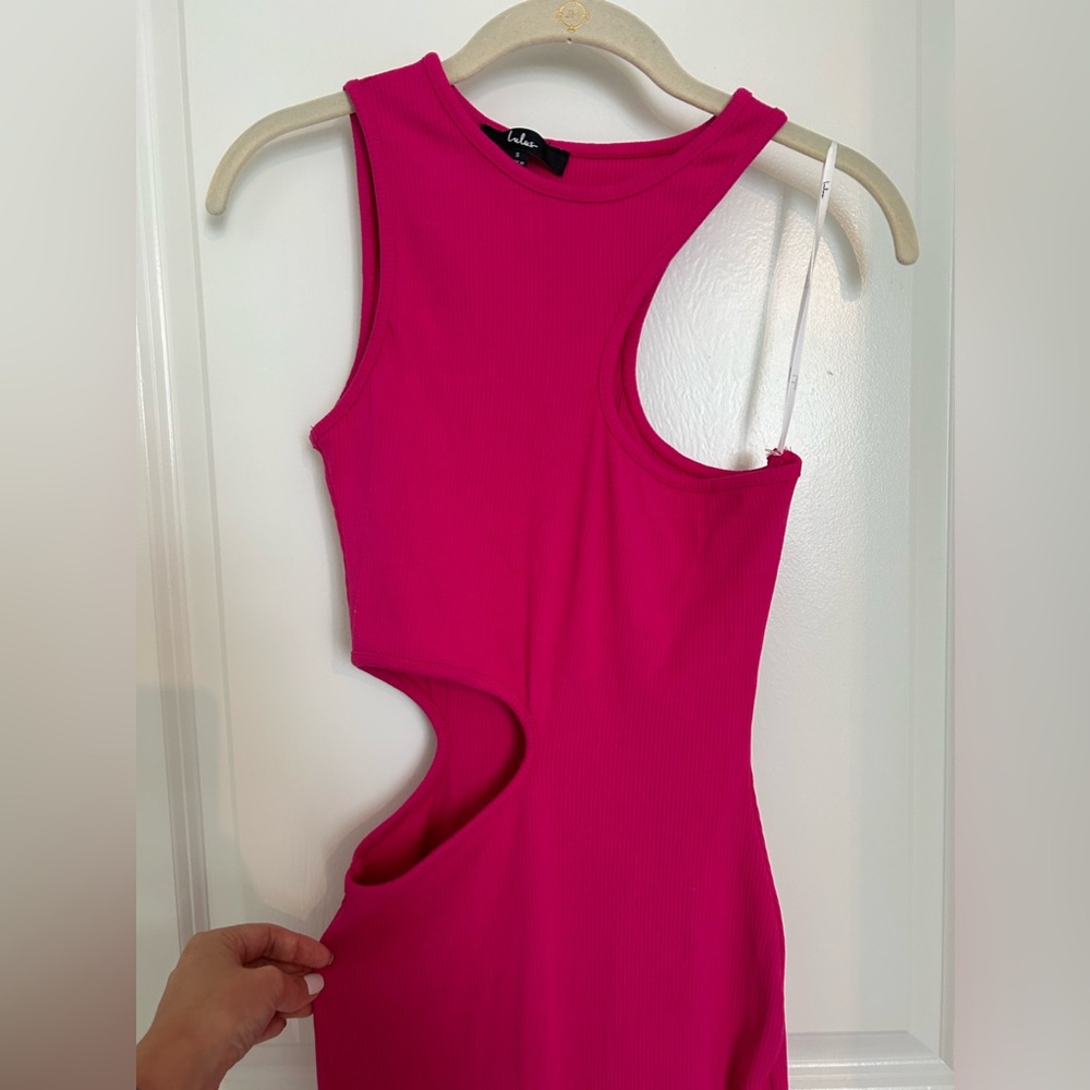 Lulu’s Hot Pink Asymmetrical Cutout Bodycon Midi Dress Size Small